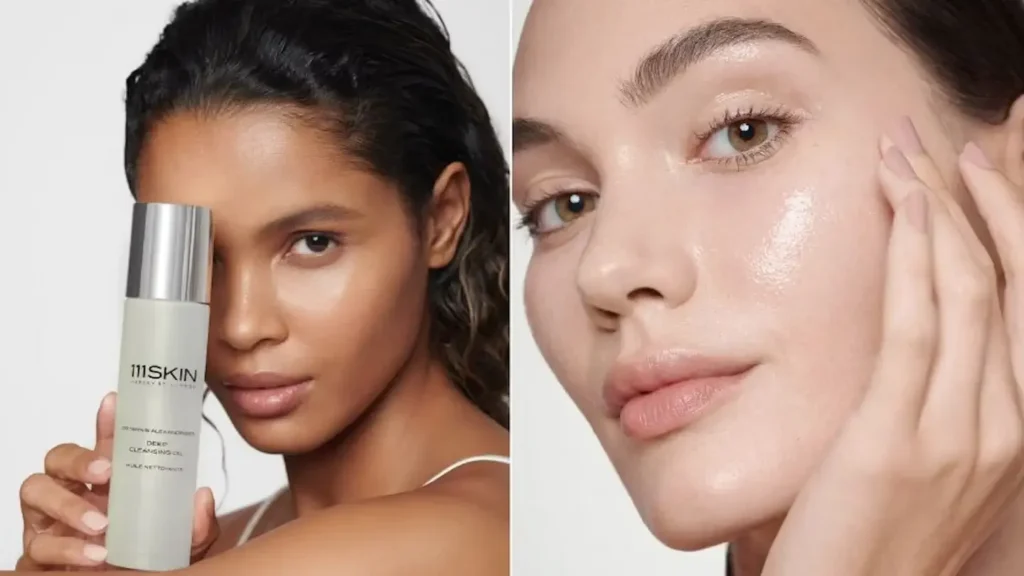 Two women with glowing skin; one holds a bottle labelled "111SKIN Cryo Pre-Activated Toning Cleanser," while the other touches her cheek, showcasing her radiant complexion—exuding the allure of luxury marketing in skincare.